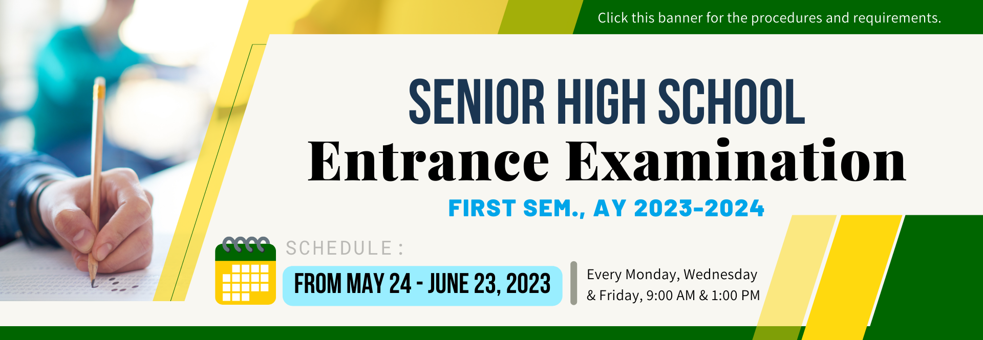 SHS Entrance Exam Schedule banner